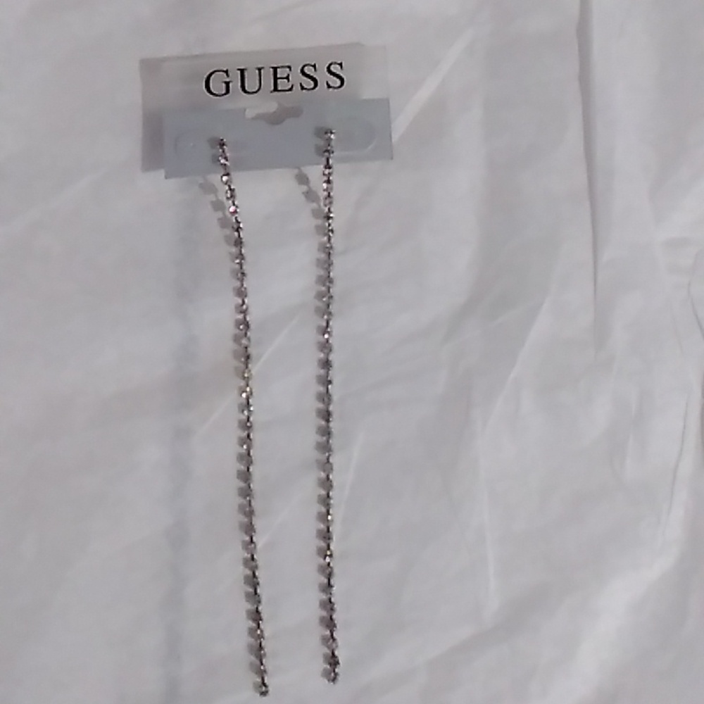 Guess Linear Baguette Earrings Silvertone Square Crystals